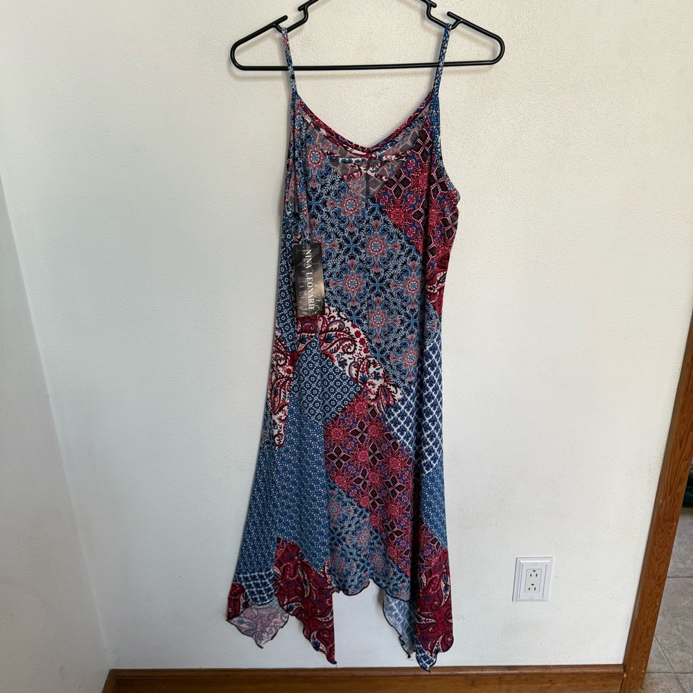 NWT Nina Leonard Asymmetrical Blue and Red Midi Dress